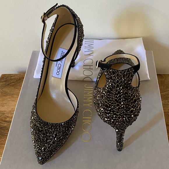 Jimmy Choo Lucy 100 Black Suede Pointy Toe Pumps With Halo Crystals US8.… - Picture 14 of 16